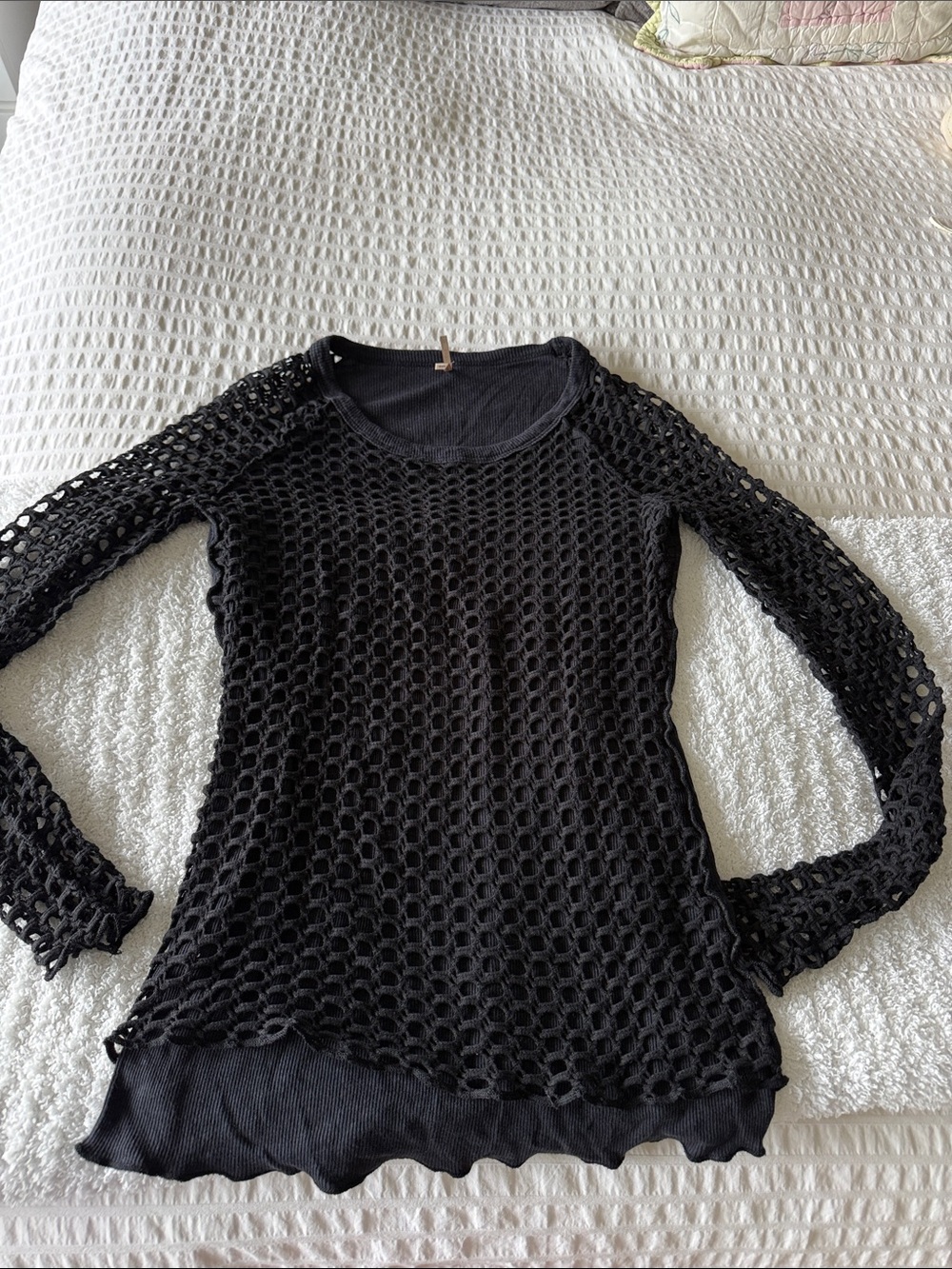 Women’s Black Open-Weave Long Sleeve Top